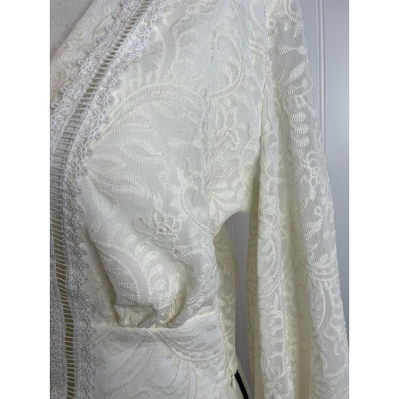 Studio F Ivory Lace Long Sleeve Tie Front Blouse With Embroidered Details Size M - Picture 10 of 16